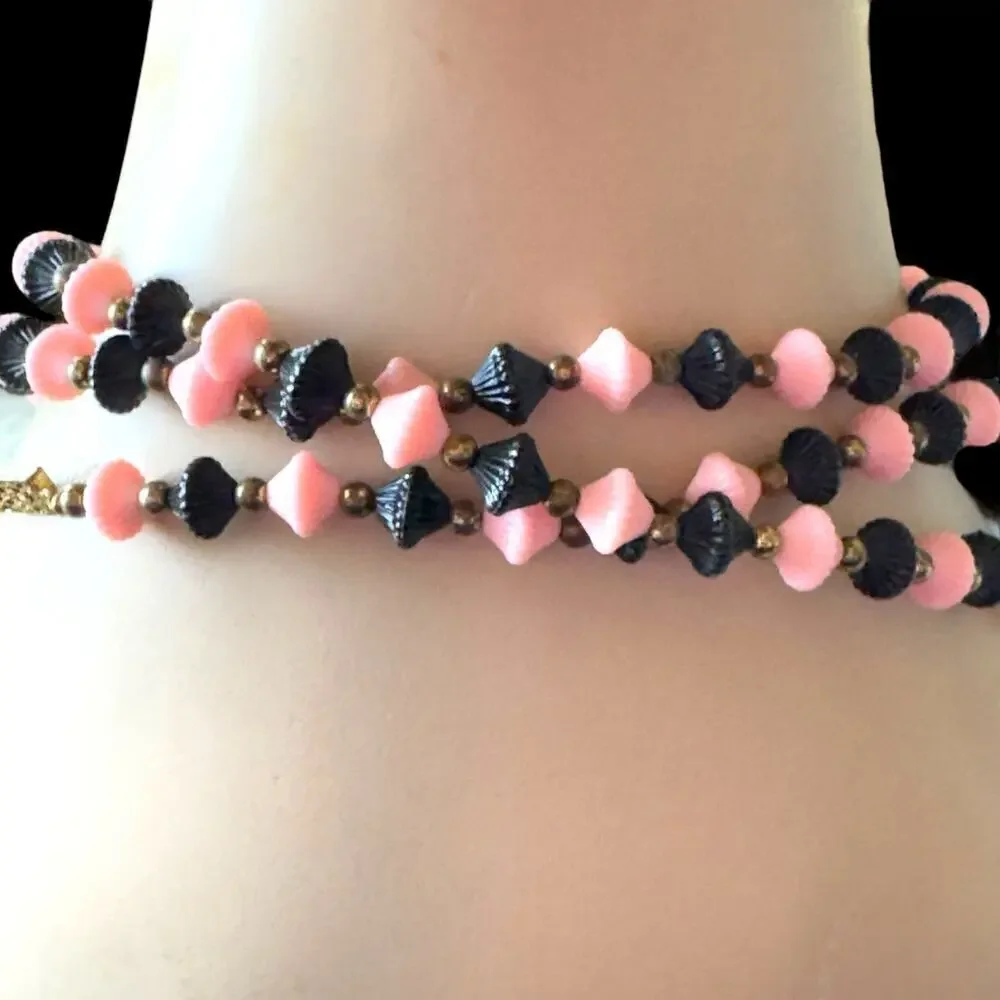 48” Vintage Art Deco Pink and Black Celluloid Trapezoid Necklace 1940’s Flapper